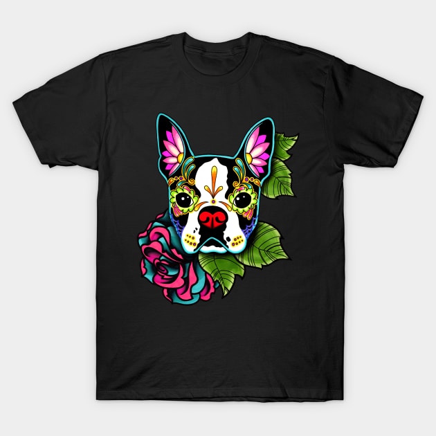 Boston Terrier in Black - Day of the Dead Sugar Skull Dog T-Shirt by prettyinink